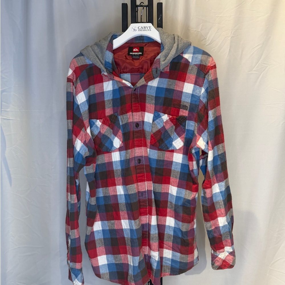 Quiksilver Red and Blue Plaid Hoodie Shirt